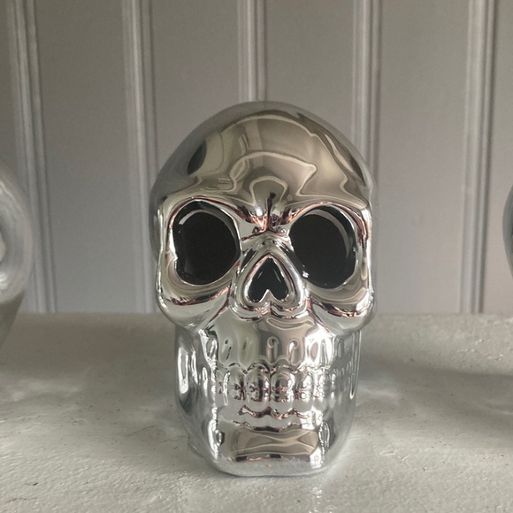 NWT Set of 3 Ceramic- Silver Pearl Finish Halloween Skull 💀 Decorations - Picture 5 of 17